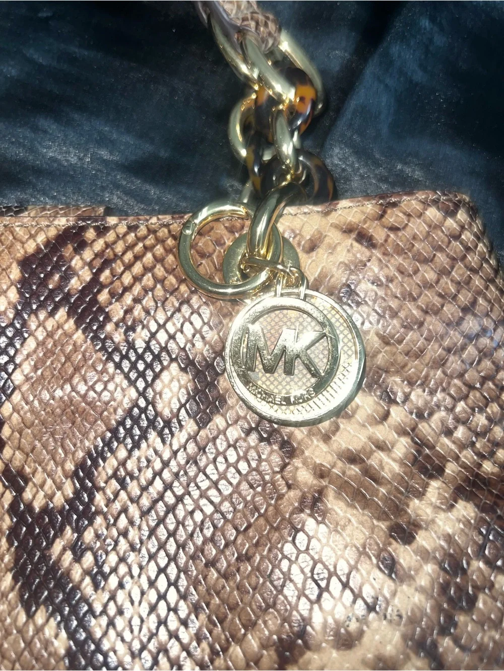Michael Kors Brown Snake-Print Satchel with Gold Hardware
